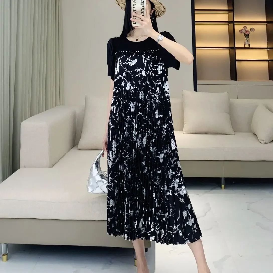 Pleats Pleated Niche Design Black Dress 2024 New Summer Ageing Oceanic Print Pleated Plus Size Long Dresses Fashion Clothing