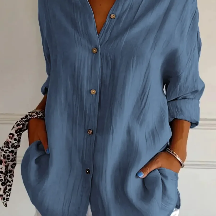 New Single-breasted Pleated Lapel Shirt Popular Women's Solid-color Sleeve Top