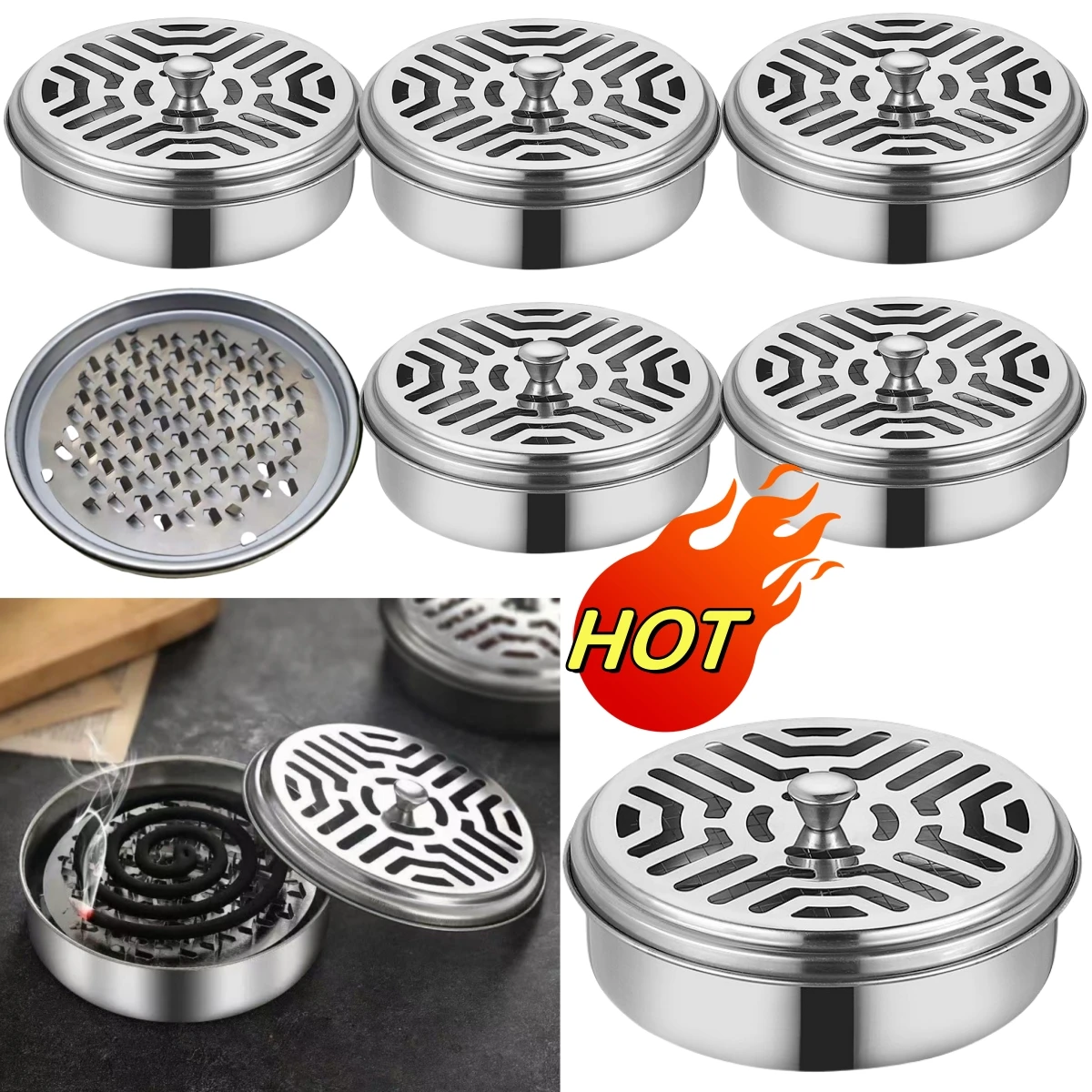 Stainless Steel Mosquito Coil Tray With Cover Large Portable Mosquito Coil Holder Box Anti-Mosquito Spiral Incense Coil Burner