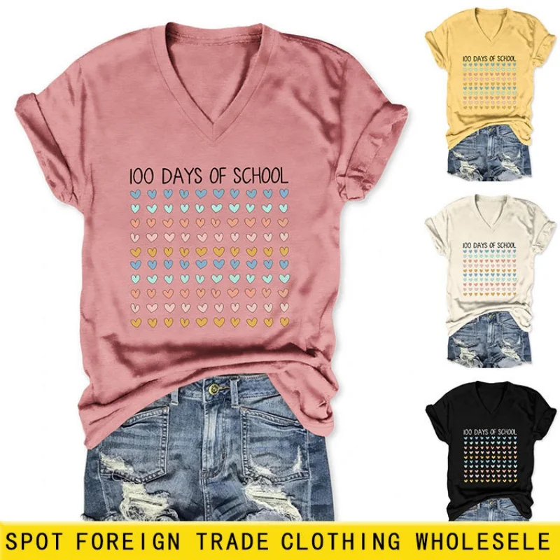 

Summer style short-sleeved T-shirt for women - stylish contrast-color print, loose V-neck top