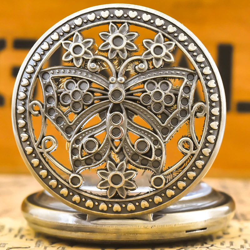 Vintage Perunggu Steampunk Kupu-kupu Dan Bunga Potongan Diukir Kuarsa Jam Saku Kalung Liontin Jam Rantai Pria Wanita ChainGift