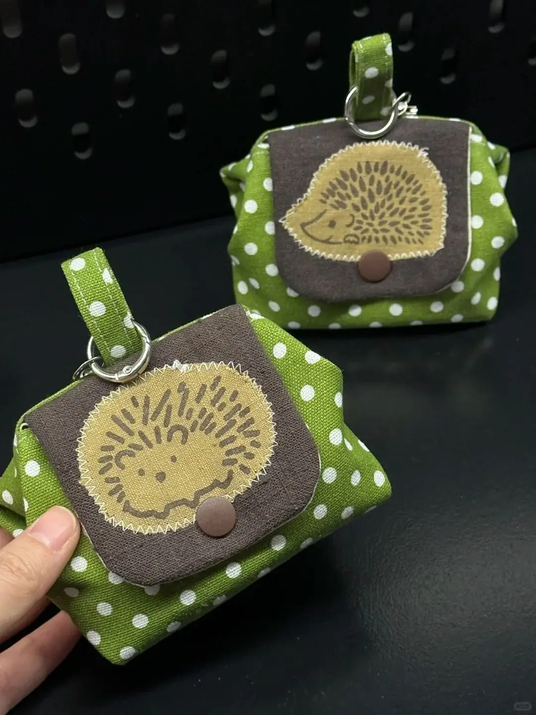 Mini Fabric Pouch With Cute Embroidered Hedgehog, Green White Polka Dots Design, Lovely Key Wallet For Storing Daily Small Items