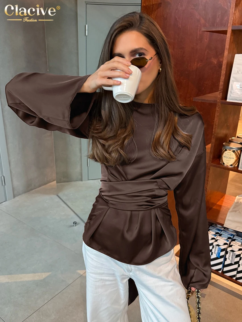 

Clacive Fashion Loose Brown Satin Women's Shirt 2026 Spring O-Neck Long Sleeve Shirts Elegant Lace-Up Solid Top Female Clothing