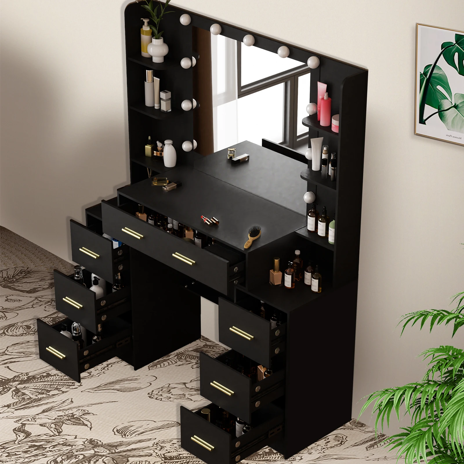 黒の7段引き出し付き化粧台セット(鏡付き)、寝室用モダンメイ - Office Furniture Reborn のレビューと価格