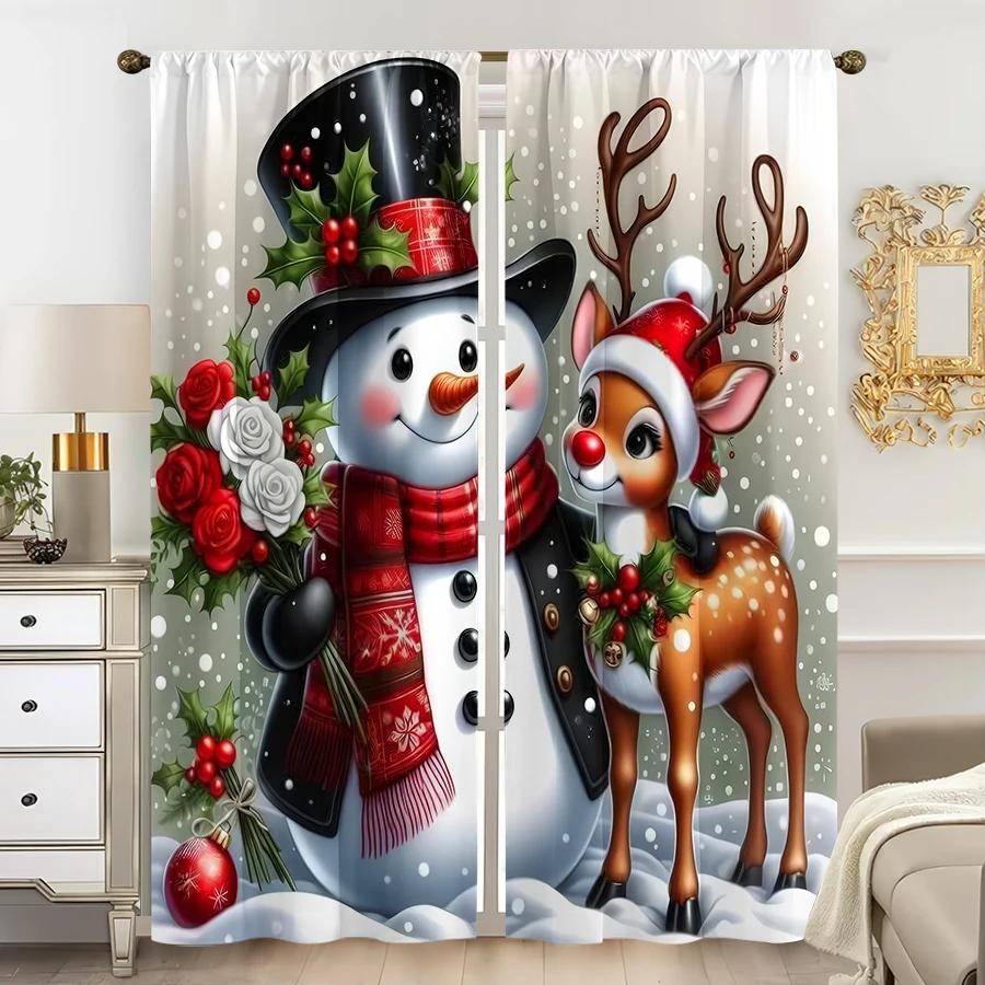 2PCS Digital Print Curtain, Snowman and Reindeer with Black Top Hat and Red Roses, Holly and Snowy Scene, for Window Home Decor