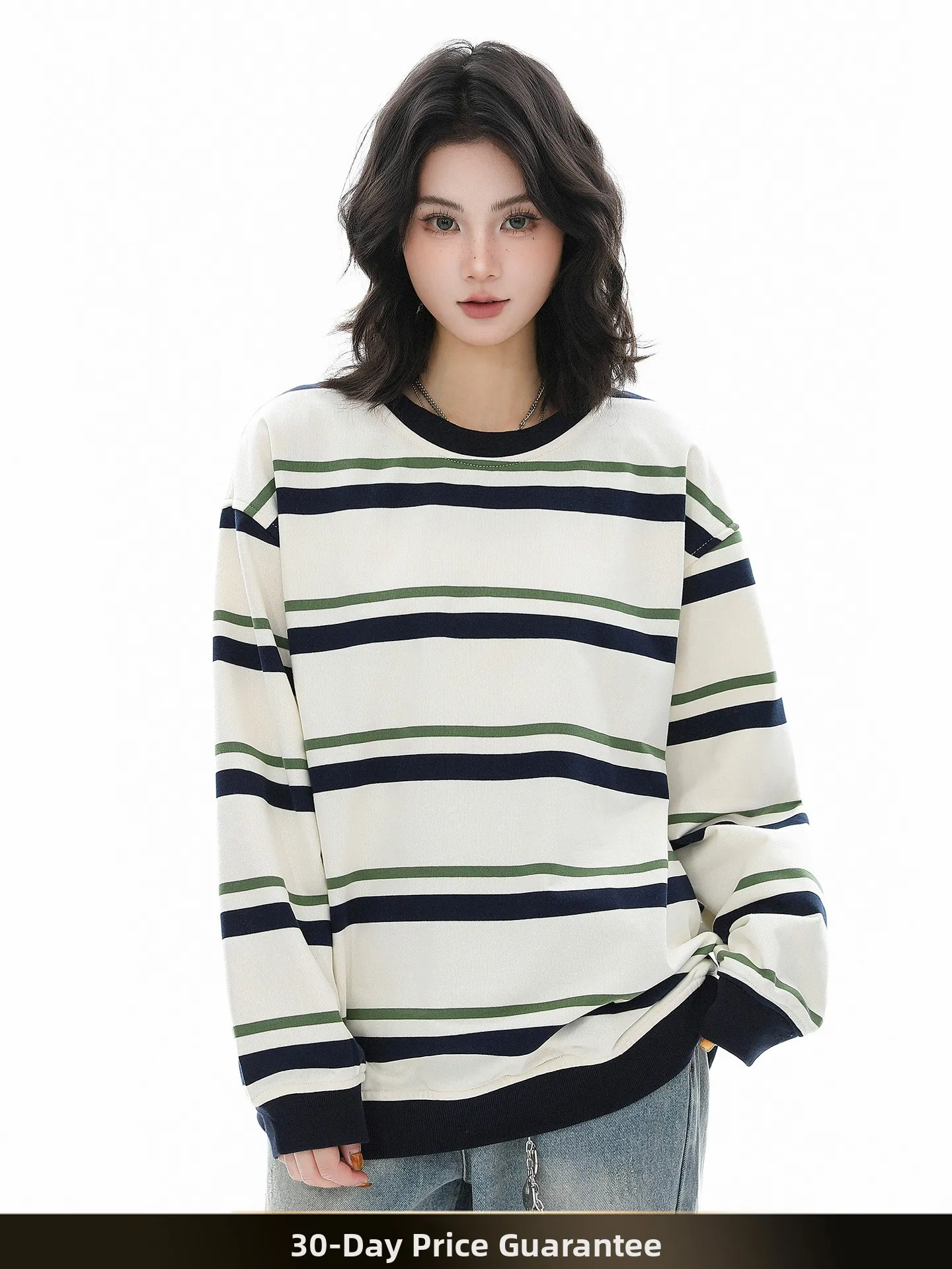 

Американский ретро-свитшот в полоску с круглым вырезом, свободный повседневный худи для пар, осенняя новинка, смесь полиэстера и хлопка