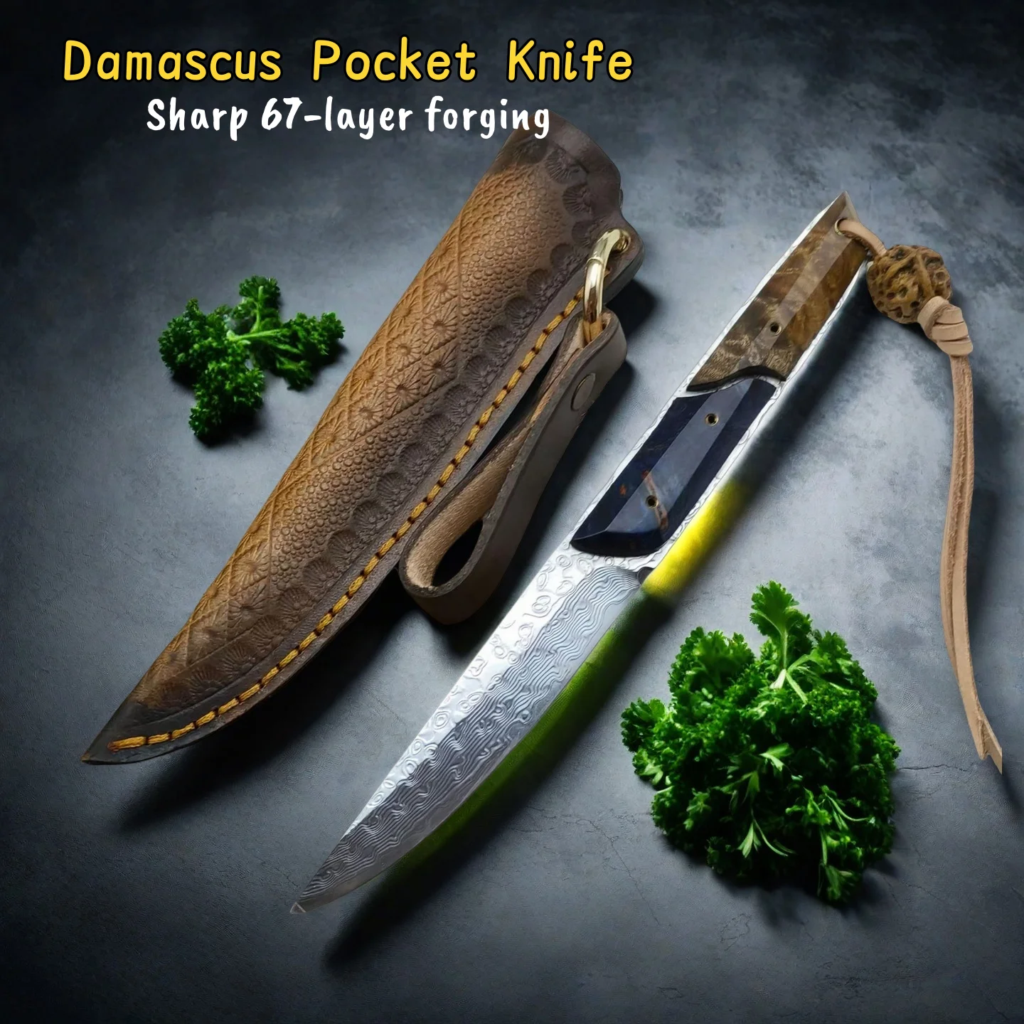 Damascus Steel Fruit Knife With A Stable Wooden Handle, Forged As One Piece, Featuring High Hardness And Permanent Sharpness.