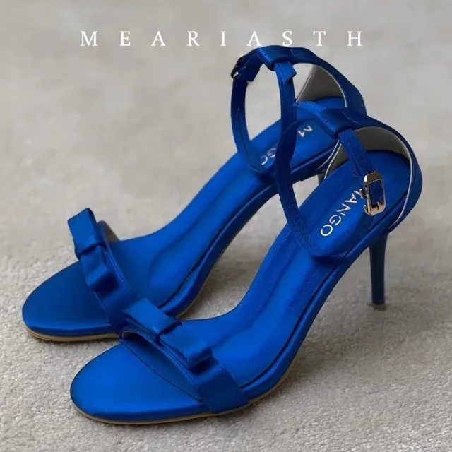 

Elegant Satin Cover Heel High Heels Women Sexy Open Toe Bowknot Ankle Strap Sandals Ladies Luxury Party Evening Pumps size 44