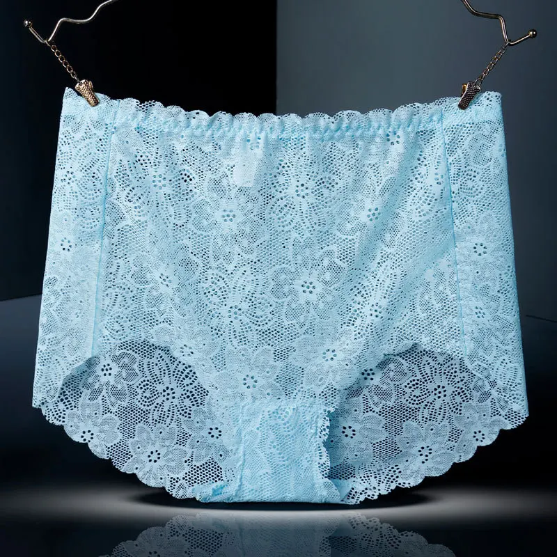 Sexy Hollow Flower Transparent Lace Women\'s Underwear Mid Waist Cotton Bottom Breathable Ice Silk Briefs Quick Dry Panties C100