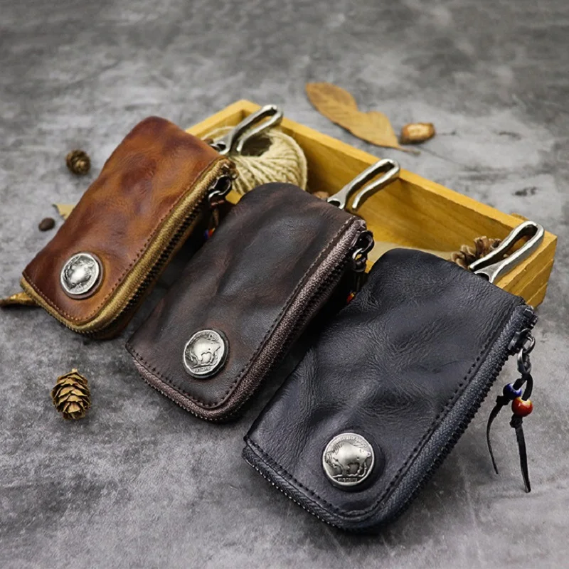 Natural Leather Key Wallet for Men Short Zipper Car Key Holder Real Leather Coin Purse Card Case Bag Keys Organizer Housekeeper