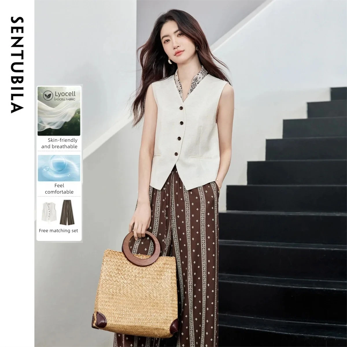 

SENTUBILA Women V-neck Lyocell Vest Bohemian Print Cotton Wide-leg Pants Set 2026 Summer Commuter Casual Style 162ZA5918Z
