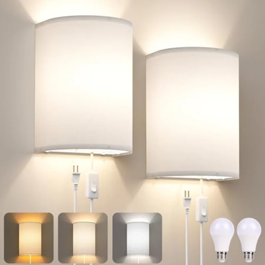

Plug in Wall Sconces Set of Two: Wall Lights with On/Off Switch - Stepless Color Temperature Wall Mount Lamps - Fabric Linen Wa