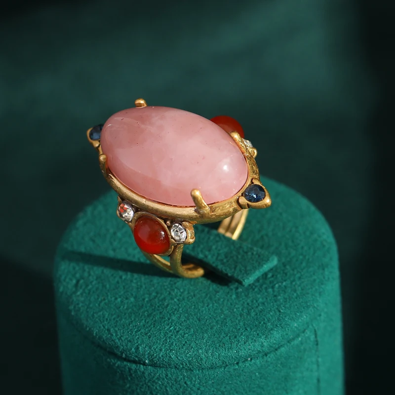 French Inlaid Pink Stone Irregular Pearls Gold Color Vintage Rings Flower Crystal Exaggerated Jewelry Finger Jewelry 2024 New In