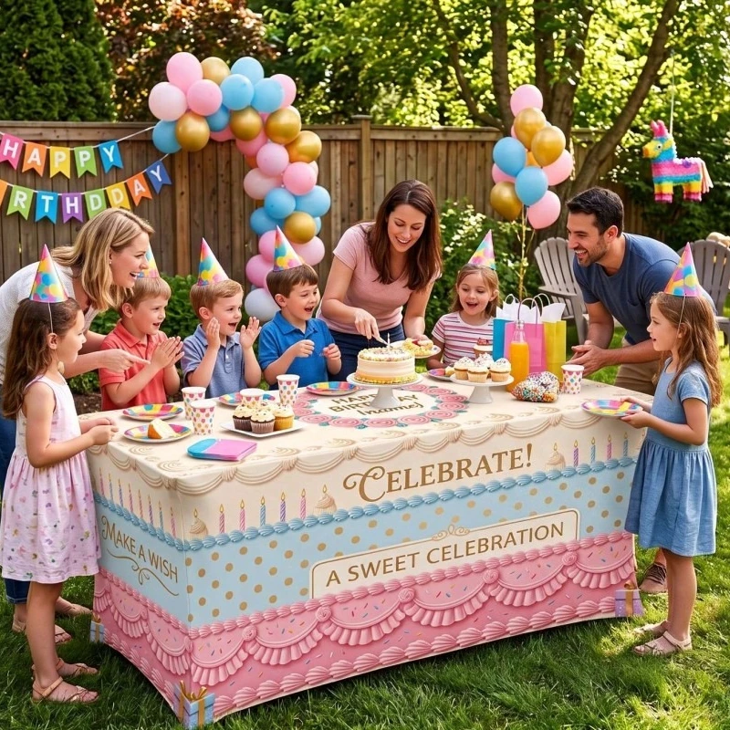 2D Flat Cake Gift Printing Table Cover Birthday Party Decorative Tablecloth Rectangular Dustproof Tablecloth for Birthday Party