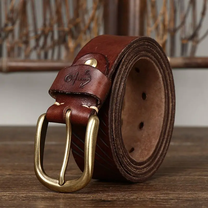 

Thickened native bison skin belt pure copper Solid accessories retro casual belt men's motorcycle denim leather belt