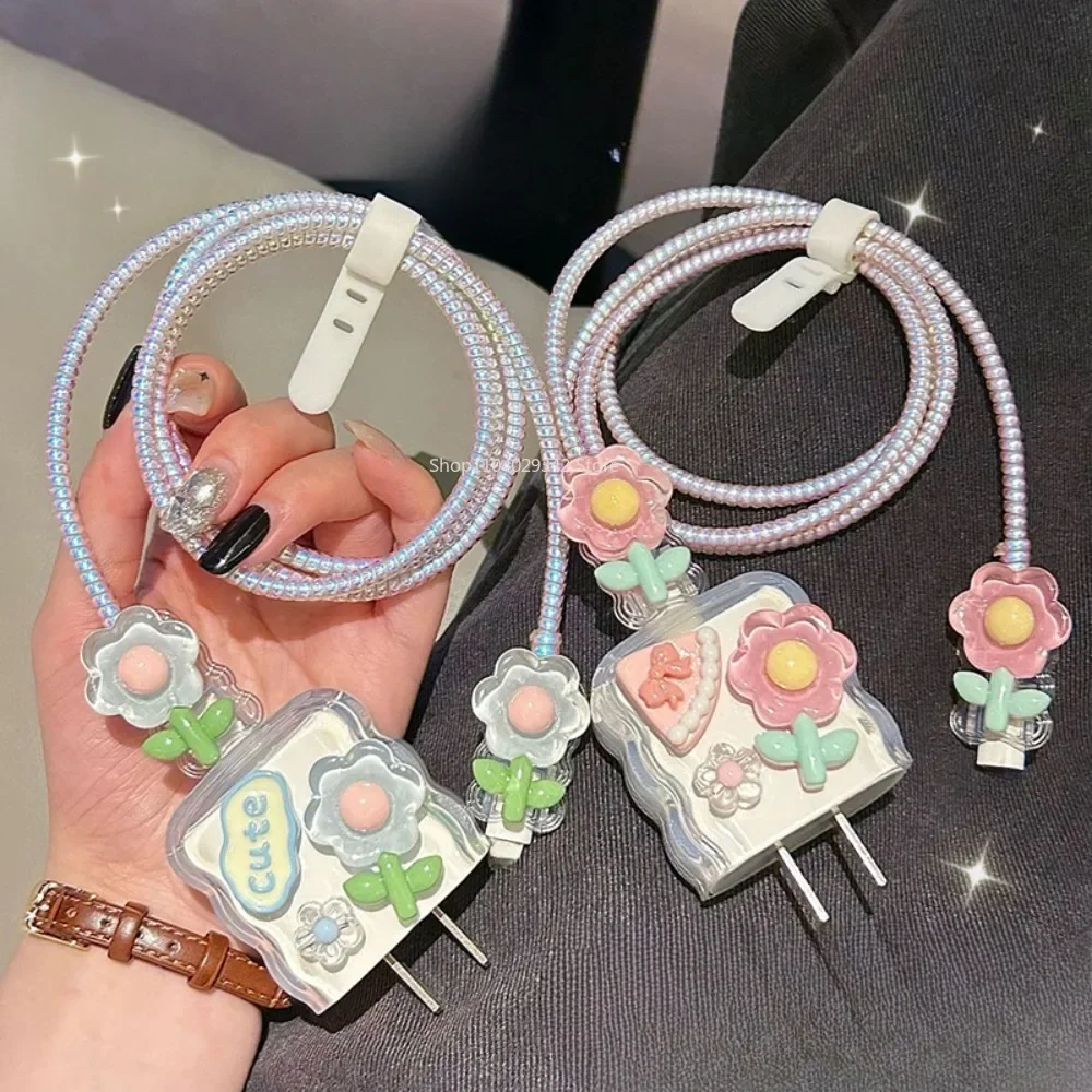 

For iPhone Charger Protector Cover For Apple 18W 20W Cute Flowers Charger Head Protective Case Spring Cable Winder Accessories