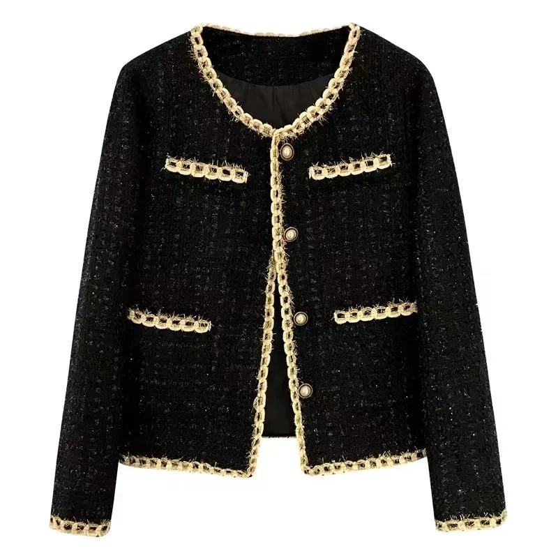Black Short Small Fragrance Jacket Women 2026 Spring Autumn New Coat Tweed Gold Thread Woven Overwear Casual Suit Jackets Female