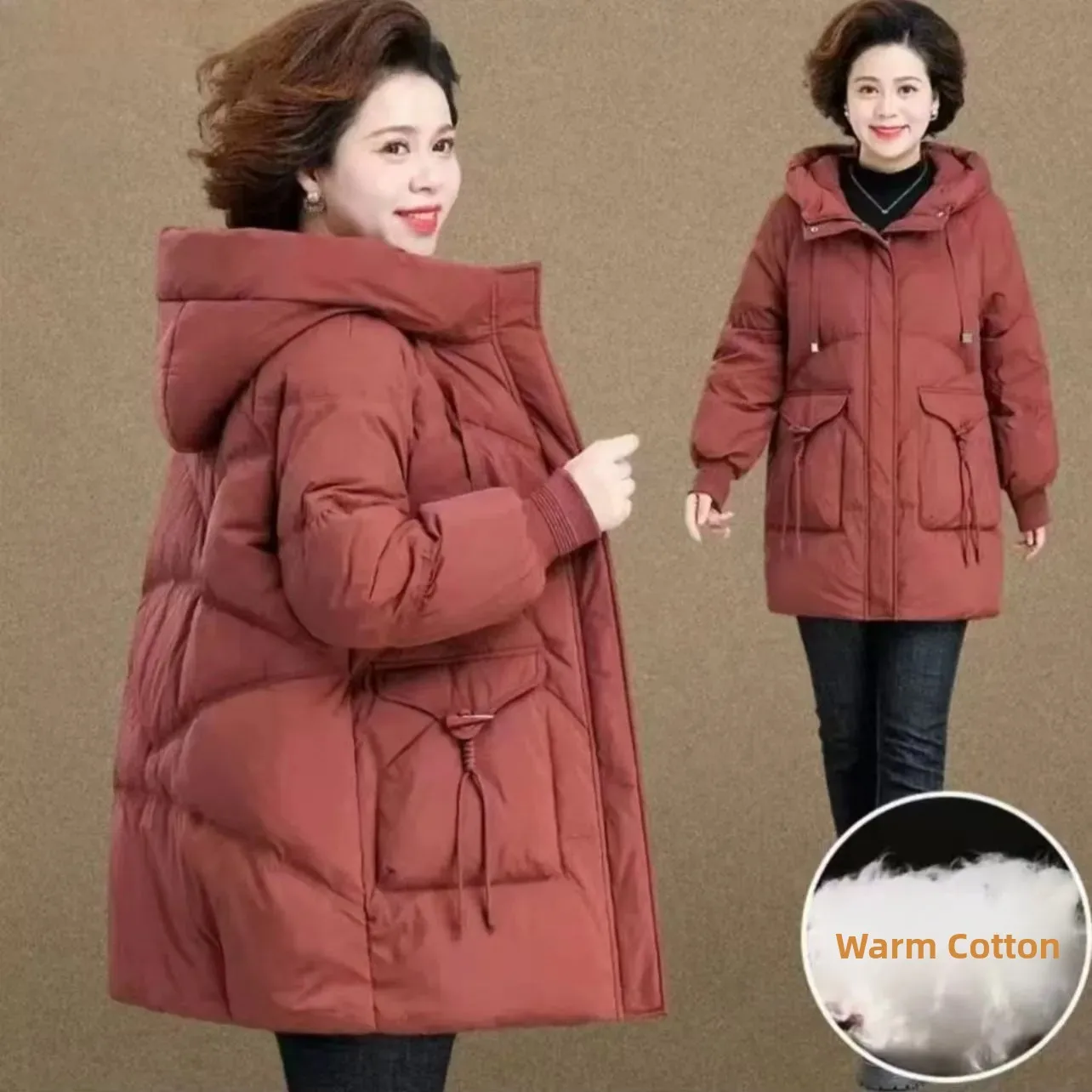 Casual Style Mid-Length down Jacket for Middle-Aged Mothers Winter Warm Thickened Cotton Coat with Hat Autumn Winter Outerwear