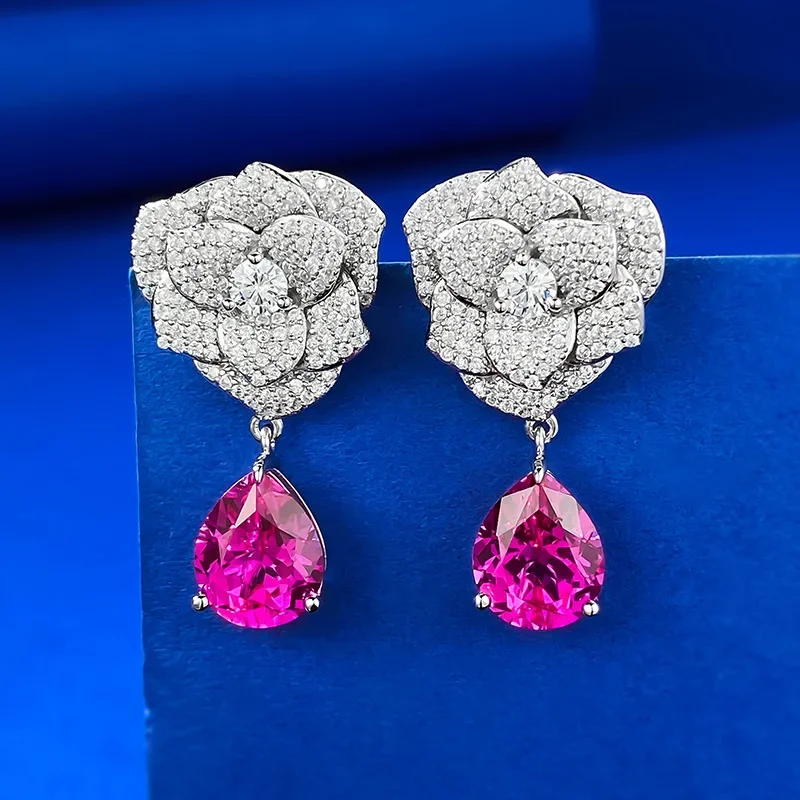 2023 New S925 Silver Full Diamond Camellia 9 * 11 Rose Earrings Women's Exquisite Versatile Style