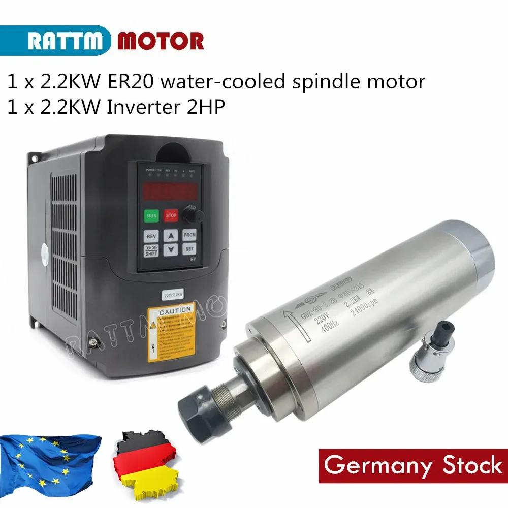 220V 2.2kw ER20 Water Cooled Spindle Motor Water Motor 24000RPM 4 Bearing & 2.2kw Inverter VFD for CNC Router Machine