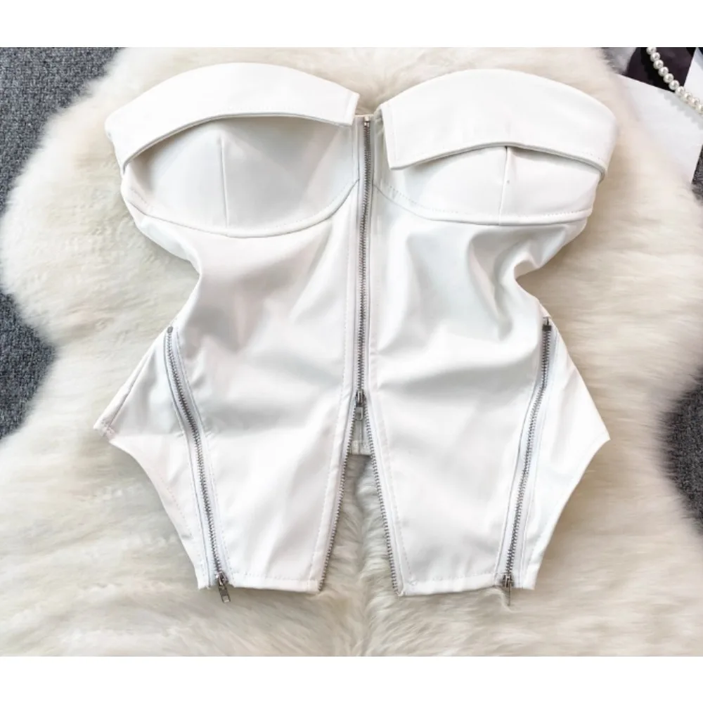 

Sexy Off Shoulder Zipper PU Tube Top Chic Strapless Crop Top Fashion Sleeveless Camis Autumn Women Tank Top