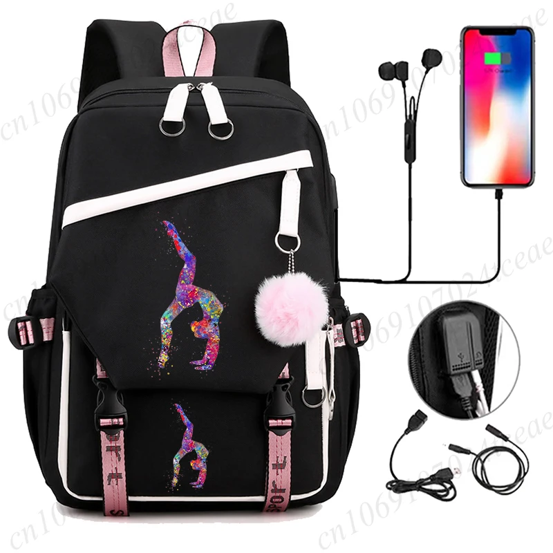 수채화 체조 인쇄 배낭 소녀 대형 Usb 학교 배낭 십대 학생 Bookbag 수채화 체조 Schoolbag