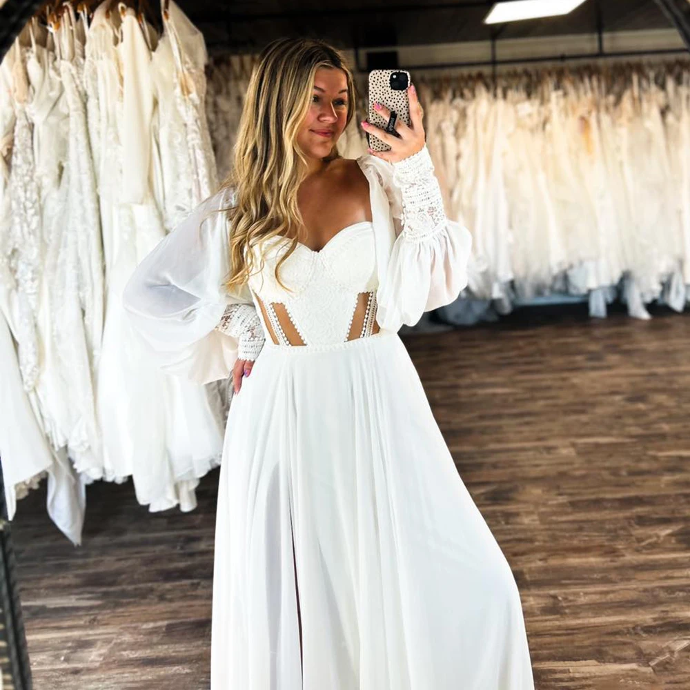 긴 퍼프 슬리브 Boho 쉬폰 우아한 신부 가운 높은 슬릿 Sweetheart 지퍼 라인 레이스 컷 아웃 맞춤형 웨딩 드레스