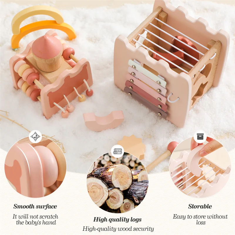 Baby Wooden Castle Five in One Toys Multifunctional Percussion Instruments Drum Eight Tone Piano Montessori Toys Birthday Gifts