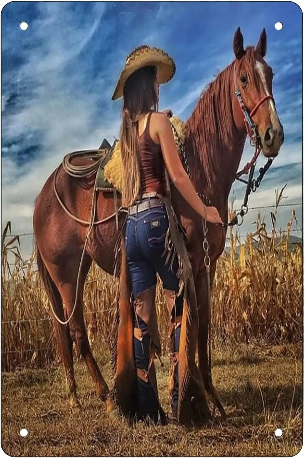 Vintage Sexy Cowboy Girl Metal Tin Sign Riding A Horse PinUp Girl Wall Art Decor Man Cave Accessories Bar Signs for Home Ba sign