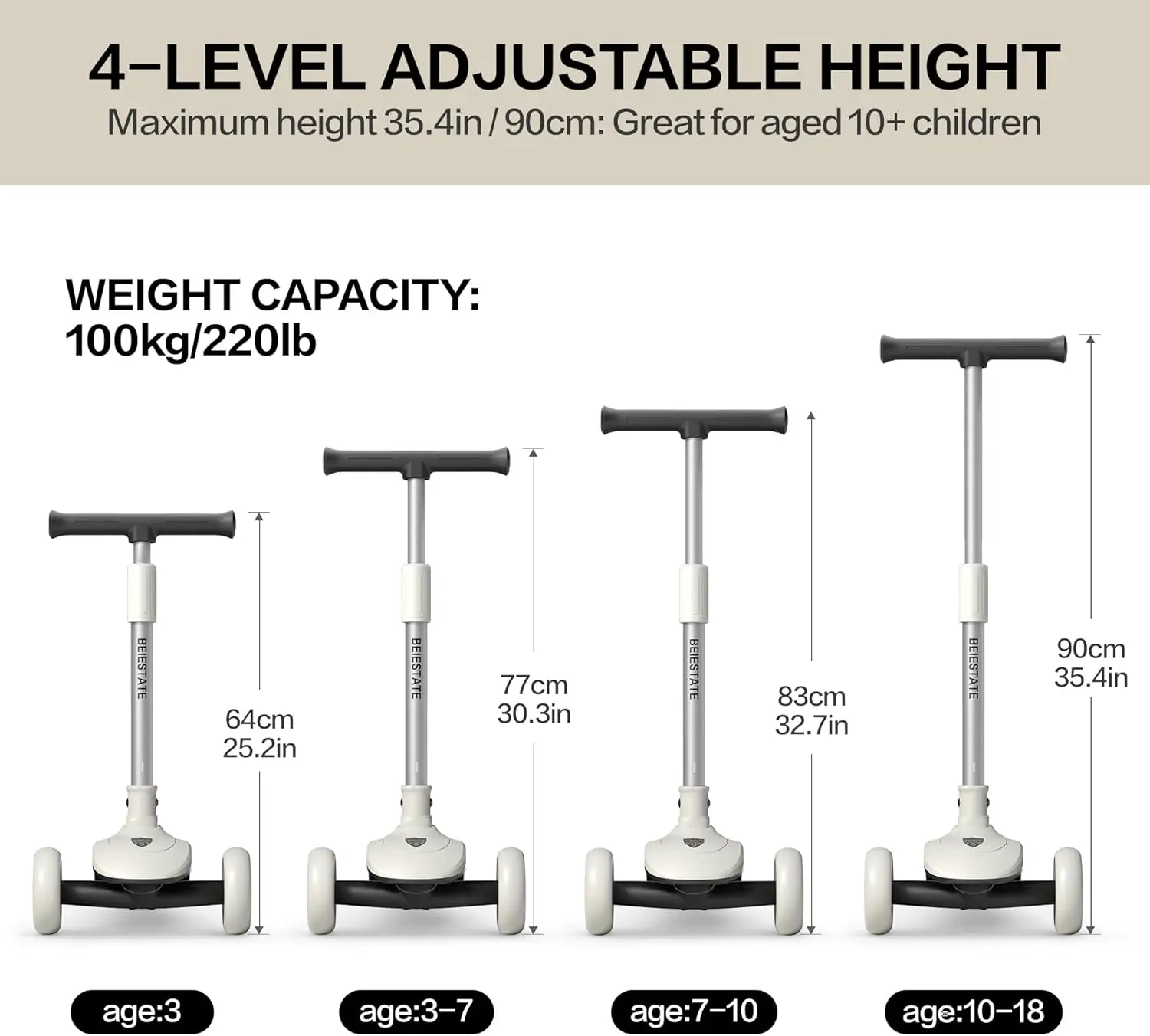 Trottinette pliable esthétique pour enfants, trottinette à 3 roues pour enfants âgés de 3 à 17 ans, maximum de 220 lb, verrouillage du limite de direction, guidon réglable, un