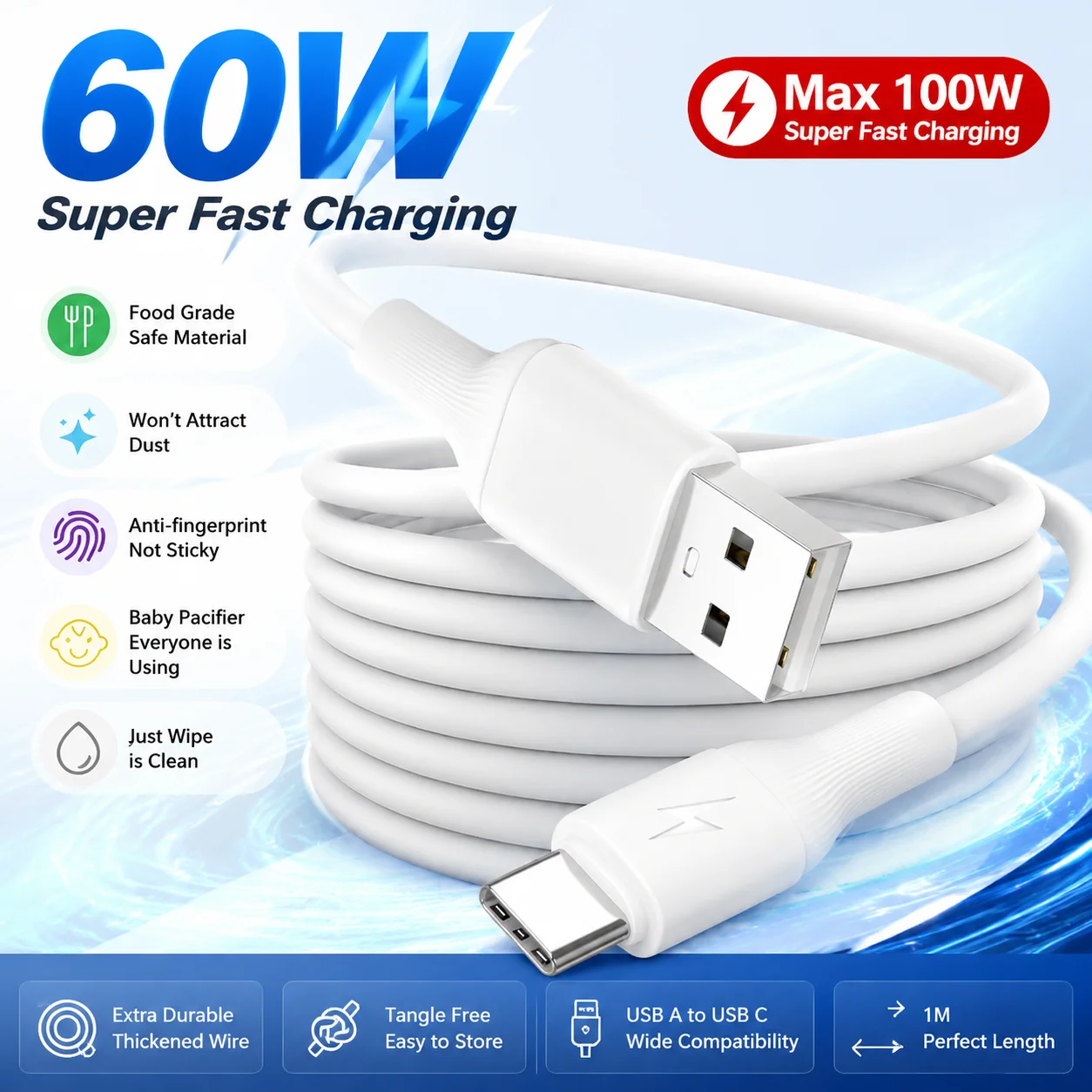 60W USB-A auf Typ-C Schnellladekabel für iPhone15 16 17 HUAWEI Xiaomi Samsung USB-C Kabel 480Mbps Datenübertragung Ladekabel