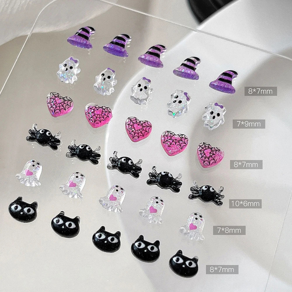50 Stück/Beutel Niedliche Eis-transparente Geisterherz-Hut-Nagelsteine 3D Halloween Schwarze Katze Krabben-Nagelanhänger Harz-Flatback-Nageldekorationen – Detail 1
