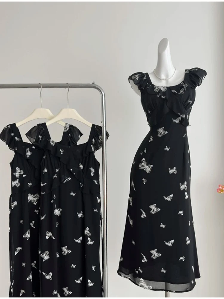 Robe mi-longue noire vintage coréenne pour femmes, nœud imprimé mince, robe à volants en mousseline de soie, même la fête, Y2K, élégante, dame de bureau, plage, Boho, été