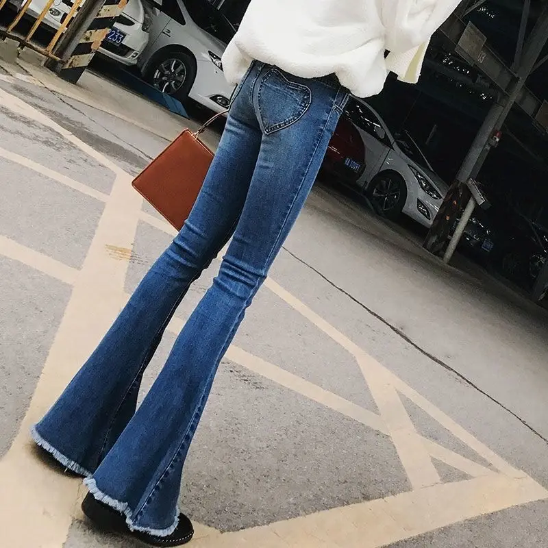 

Blue High-Waist Slim Fit Women's Jeans Elastic Casual Faionable Bell Bot Cotton Stretch Denim Pants Universal Sle