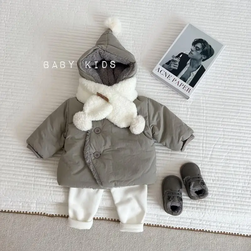 Winter children's plush thick hooded cotton jacket for keeping warm and going out for infants and young children