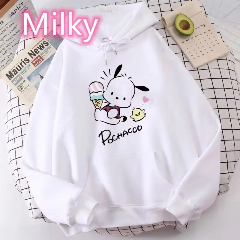 Autumn Pochacoo Print Hooded Women Pullovers Cartoon Casual White Loose Long Sleeve Oversized Hoodies Basics Women Sweatshirt