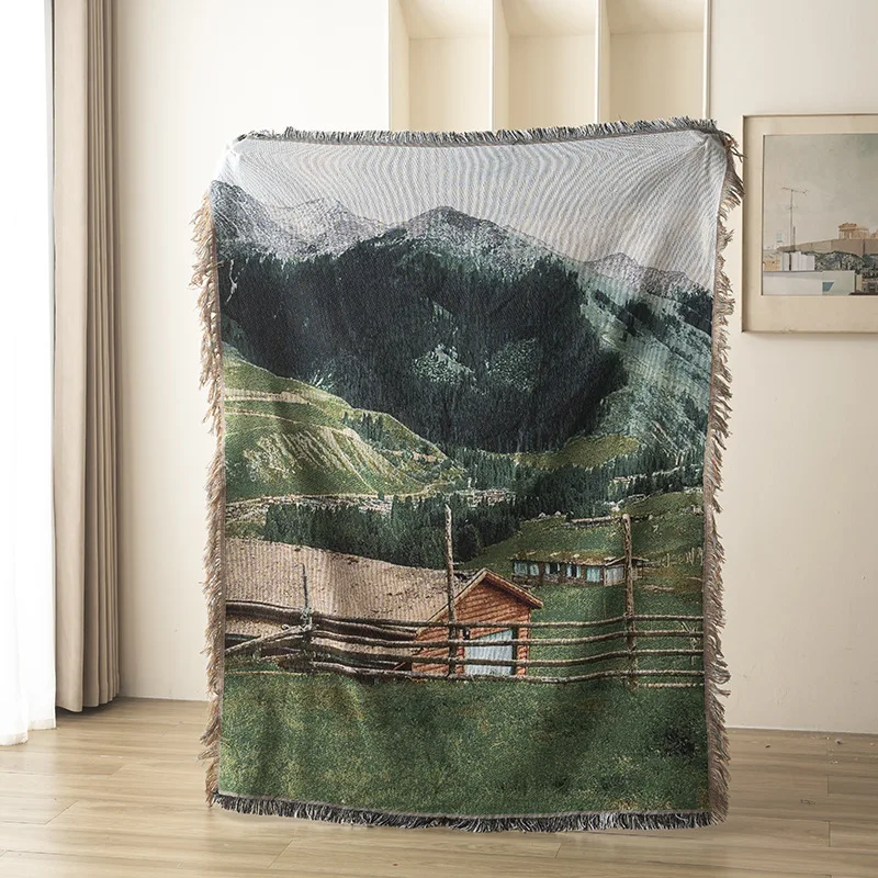 

Textile City Mountain Scene Woven Tapestry Blanket Rustic Style Fringed Edge Throw Alpine Design for Cozy Living Room Decor