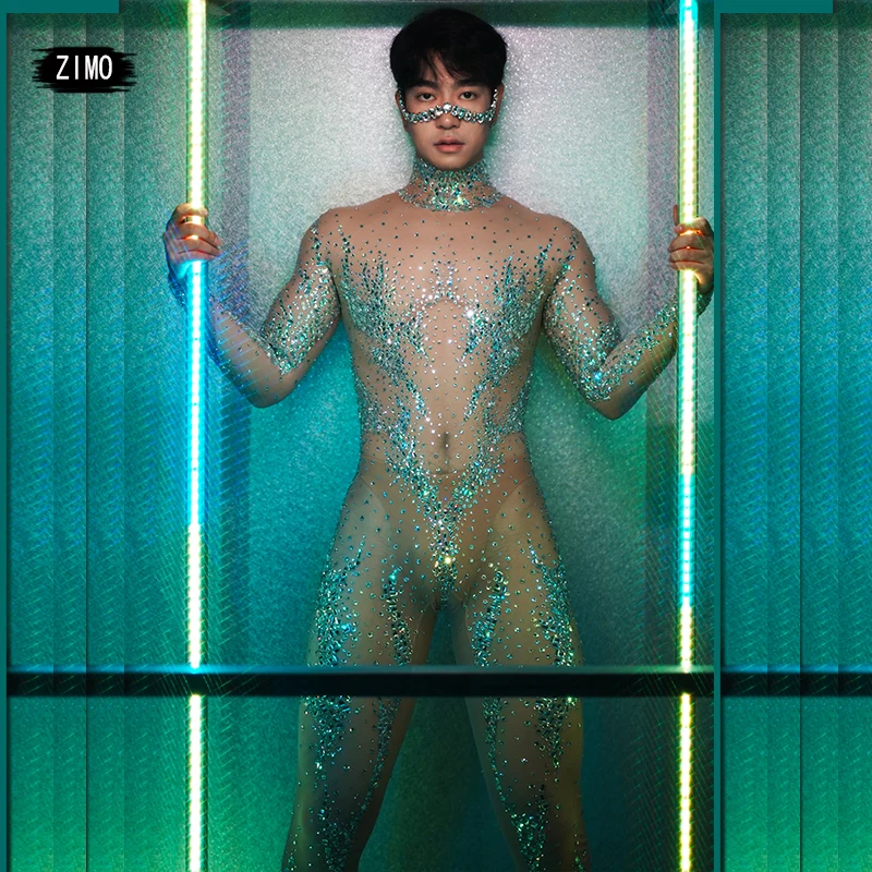 

Luxury Shinny rhinestones long sleeve jumpsuit Mesh See through Sexy club leotard Celebrity DS Party festival drag queen outfits