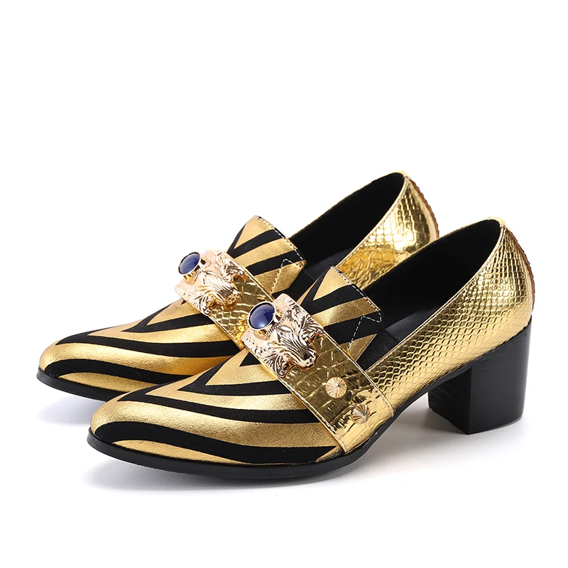 Zapatos Plus Size Gold Rivets Stripe High Heel Men Monk Strap Formal Shoes Slip on Loafers Club Party Real Leather Dress Shoes