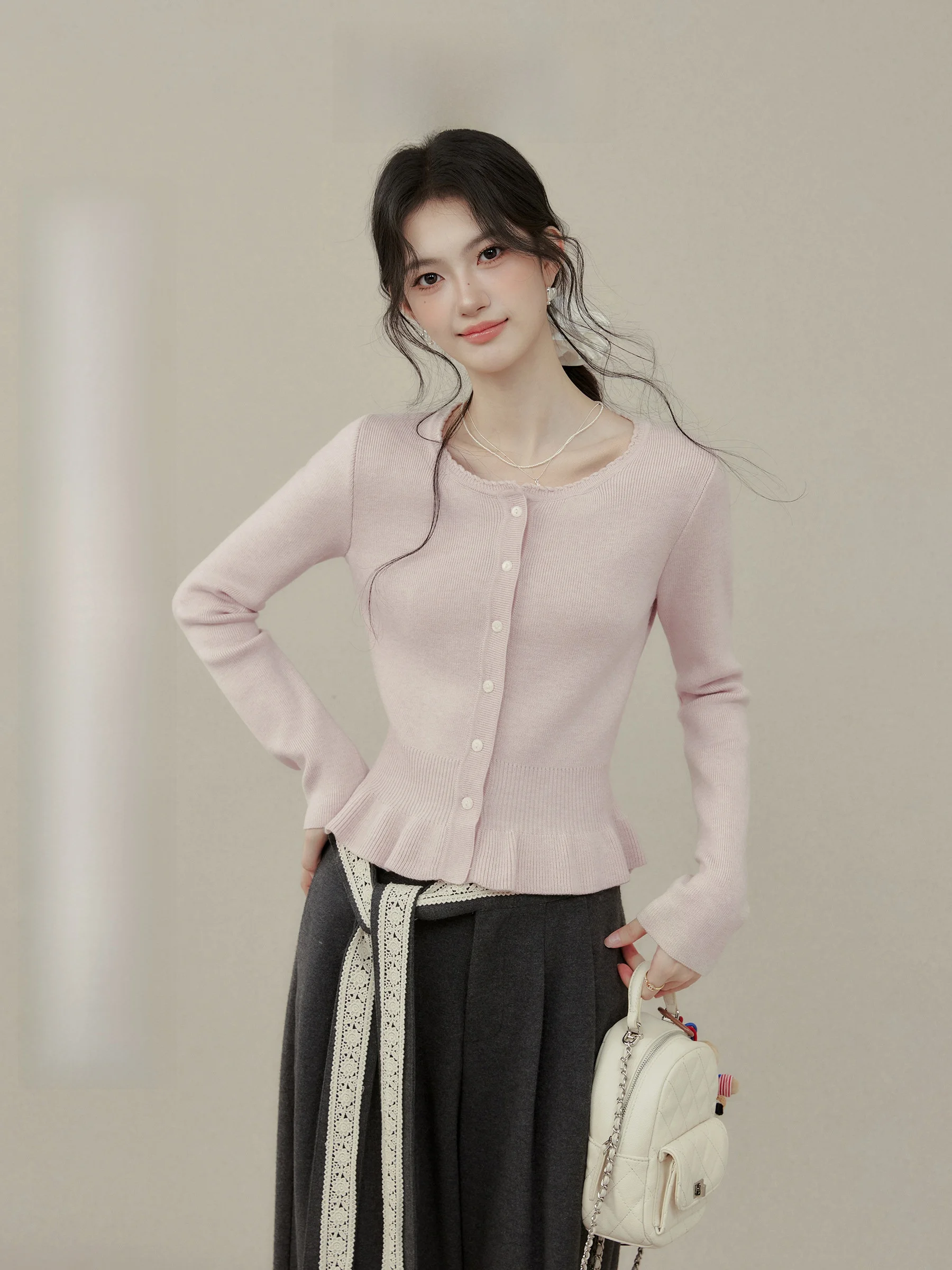 

Pink Knitted Open Cardigan Women's Inner Wear Base irt Autumn Winter Lace Trim Brand Ou Yang Xi Long Sve round Ne Button