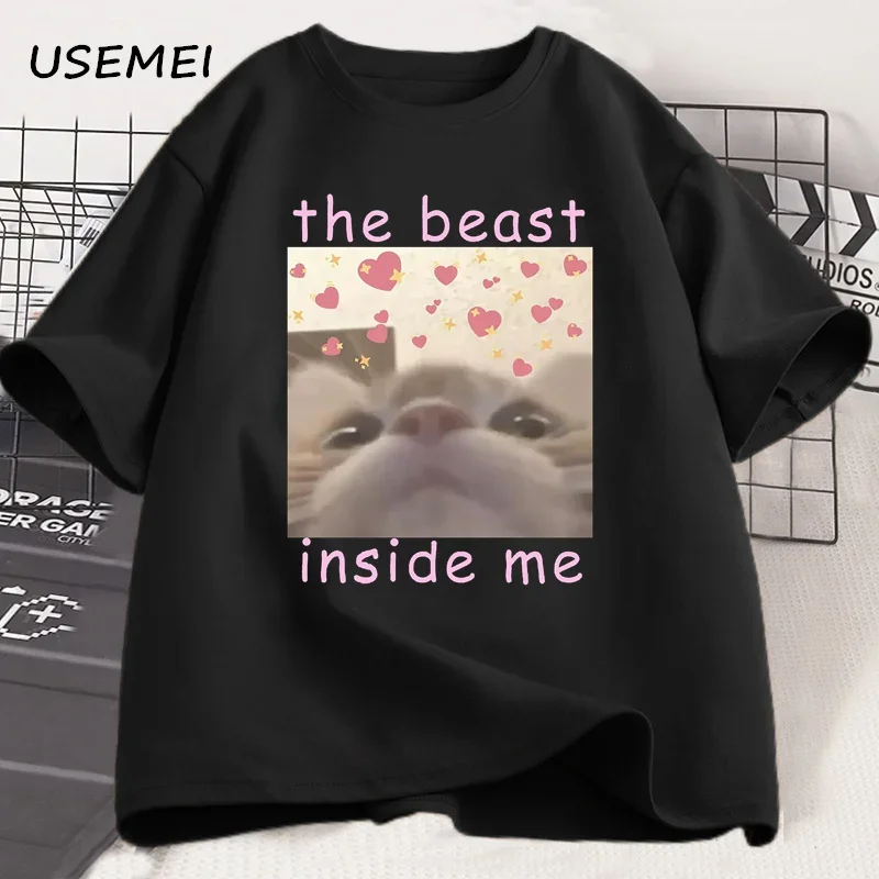 The Beast Inside Me Cat Meme T-shirt for Men Women Silly Cats Tees Casual Short Sleeve Graphic Tees Cotton Male Clothing