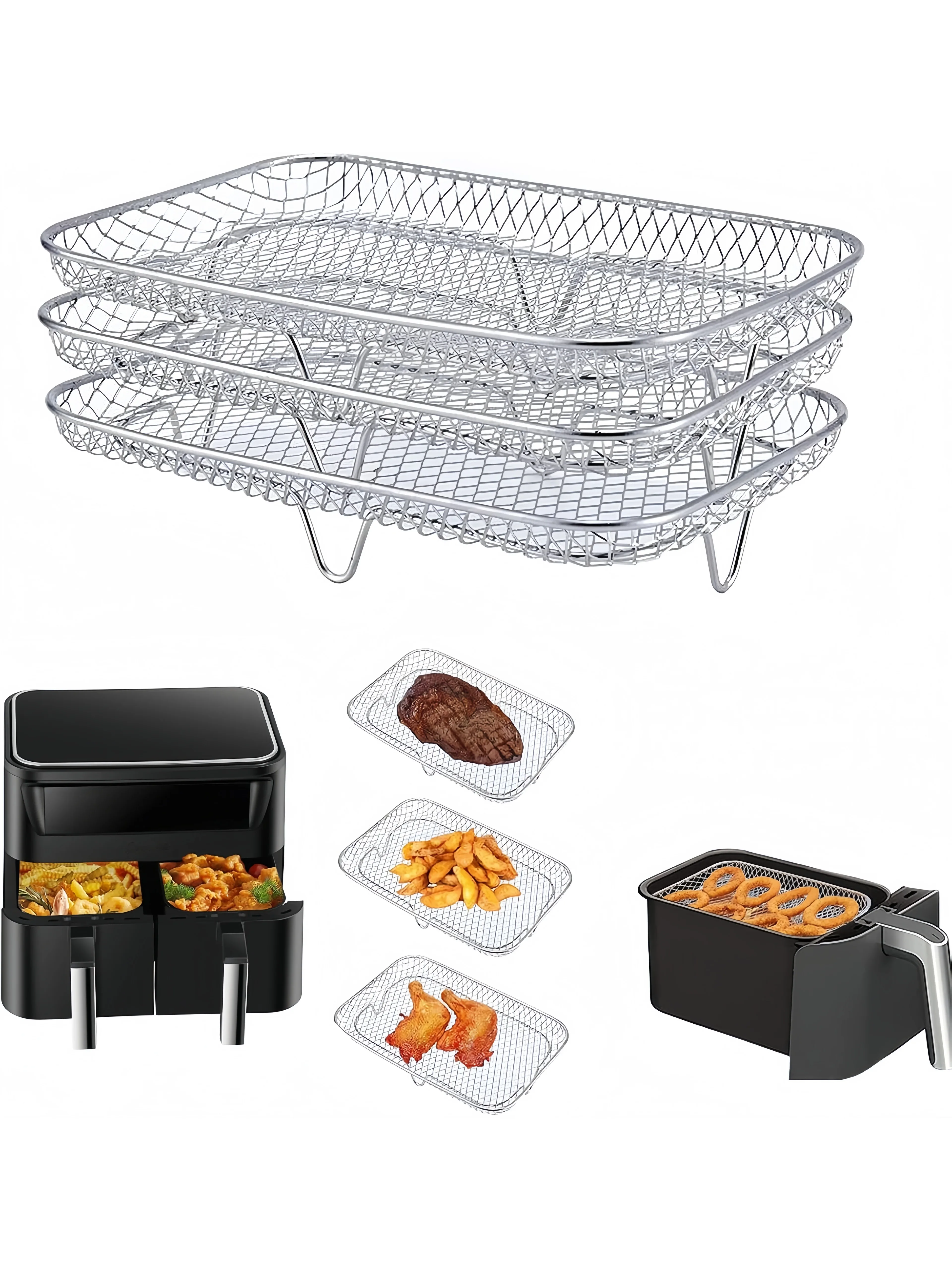 3-lagiges, stapelbares Grillrost-Set aus Edelstahl für Heißluftfritteusen, Ofen, Grill und Dampfgarer, Küchenhelfer und Kochutensilien
