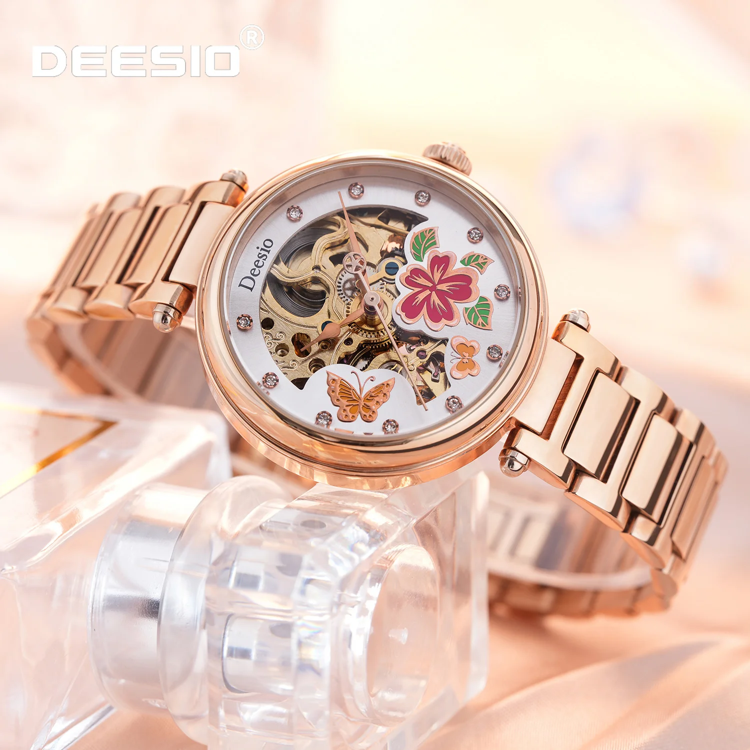 Deesio Ladies Mechanical Watch Skeleton Butterfly Dial Crystal Markers 3ATM Waterproof Elegant Stainless Steel Case Gift for Her