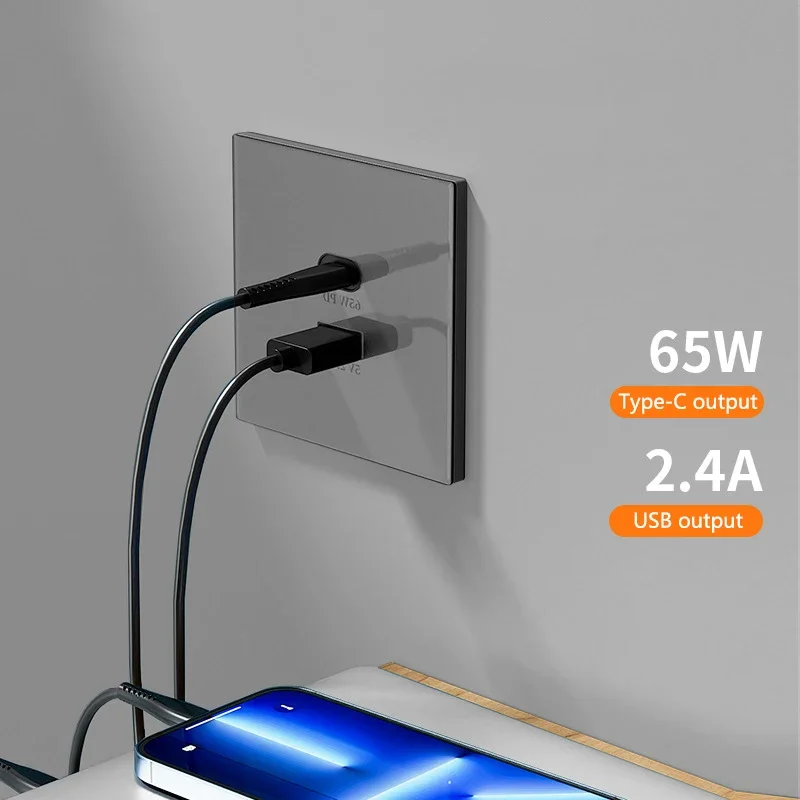 XIALEE Tempered Glass Plate Wall Outlet Gallium Nitride PD 65W / 30W 2 USB Lightning Super FAST Charger