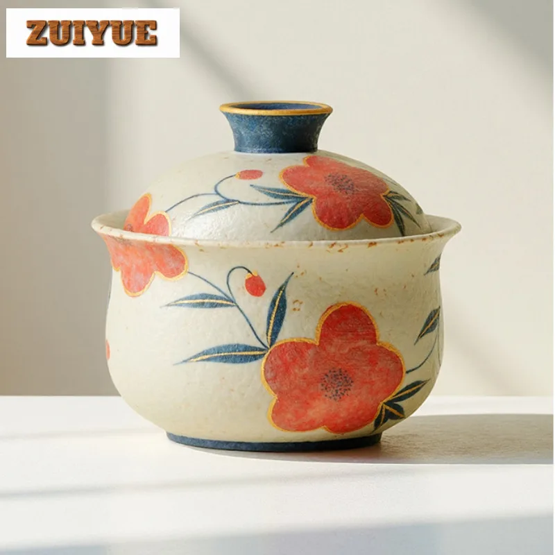 

150ml Caramel Glaze Hand-painted Peach Blossom Gaiwan Antique Tea Tureen Tea Bowl With Lid Kit Tea Maker Cover Bowl Cafes Craft