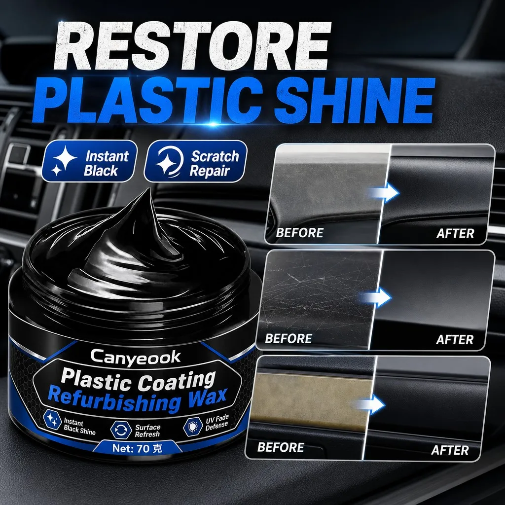 CANYEOOK Plastic Restorer Wax 70g Restore Faded Black Trim Remove Scratches Anti UV for Car Dashboard Bumper Door Panel Tire