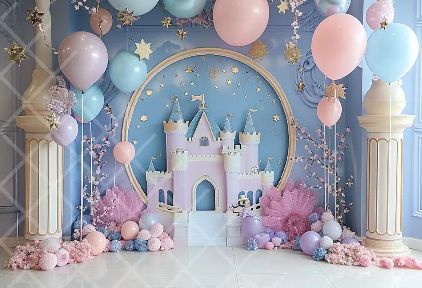 Mehofond Photography Background Fairytale Castle Flowers Balloon Girls Birthday Cake Smash Portrait Decor Backdrop Photo Studio
