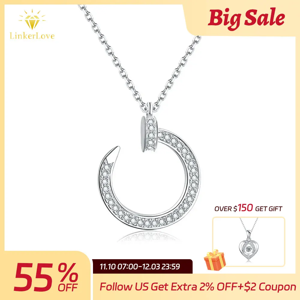 

LinkerLove S925 Sterling Silver Moissanite Open Circle Pendant Necklace D VVS1 Lab Created Halo Diamond Necklace for Women Gift
