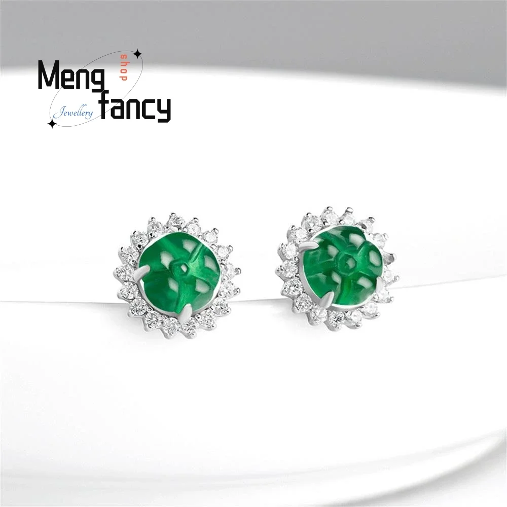 

S925 Silver Inlaid Natural A-goods Jadeite Yang Green Petal Earrings High-grade Fashion Female Models Exquisite Luxury Jewelry