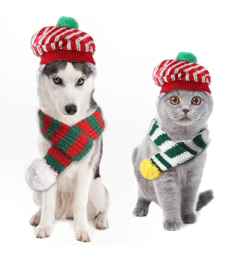 

Knitted Christmas Scarf Sets - Creative Teddy Scarves and Checkered Hat for Cats, Pet Goods